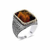 Silver Zircon Brown Stone Square Men's Ring
